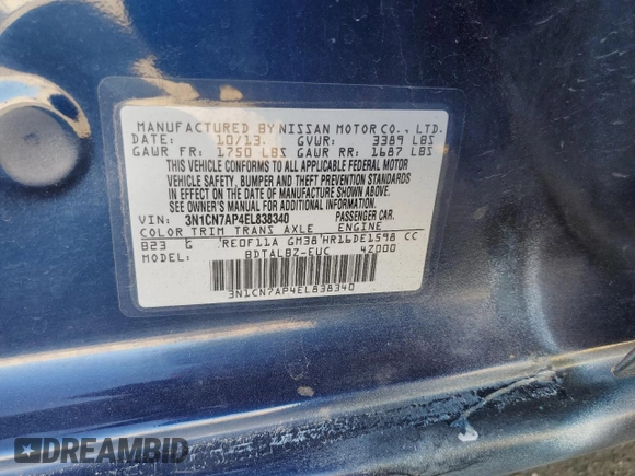 2014 Nissan Versa SV with VIN 3N1CN7AP4EL838340, listed as a Copart auction lot 48919285 with 114,490 mi miles and Salvage Title. Bid and sale history available at DreamBid. Image 14.