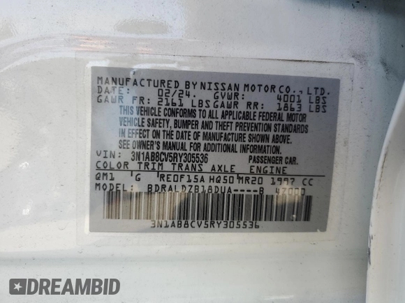 2024 Nissan Sentra SV with VIN 3N1AB8CV5RY305536, listed as a Copart auction lot 50085705 with 6,082 mi miles and Salvage title. Bid and sale history available at DreamBid. Image 14.