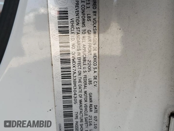 2011 Volkswagen Jetta SE with VIN 3VWDX7AJ3BM304305, listed as a Copart auction lot 58448385 with 178,638 mi miles and Salvage title. Bid and sale history available at DreamBid. Image 12.
