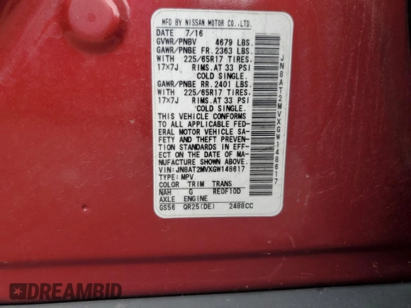 2016 Nissan Rogue SV z VIN JN8AT2MVXGW148617, wystawiony jako Copart lot #57516705 z przebiegiem 166 595 mil mil oraz Szkoda całkowita • Salvage title. Historia ofert i sprzedaży dostępna na DreamBid. Obrazek 12.