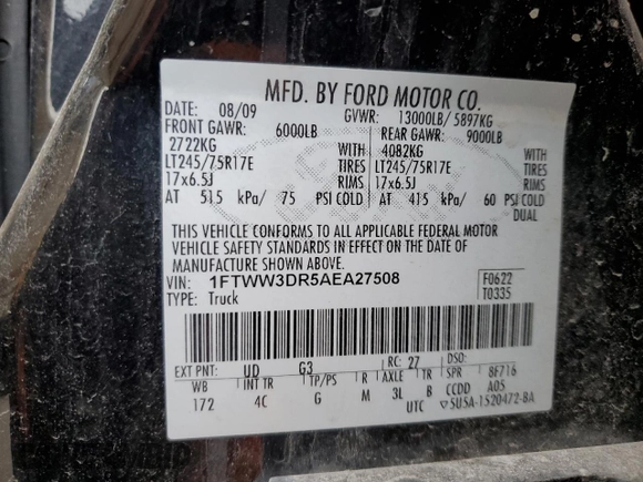 2010 Ford F-350 XL with VIN 1FTWW3DR5AEA27508, listed as a Copart auction lot 50949475 with Not provided miles and Salvage title. Bid and sale history available at DreamBid. Image 12.