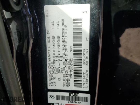 2019 Toyota Tundra 2WD SR with VIN 5TFRY5F19KX250232, listed as a Copart auction lot 73811934 with 51,011 mi miles and Non Repairable. Bid and sale history available at carsss.com. Image 13.