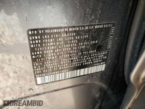 2021 Volkswagen Tiguan SE with VIN 3VV3B7AX6MM078802, listed as a Copart auction lot 61371795 with 69,967 mi miles and Salvage title. Bid and sale history available at DreamBid. Image 13.