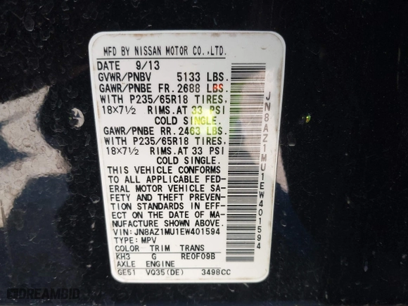 2014 Nissan Murano SL with VIN JN8AZ1MU1EW401594, listed as a IAAI auction lot 42100729 with 126,052 mi miles. Bid and sale history available at carsss.com. Image 9.