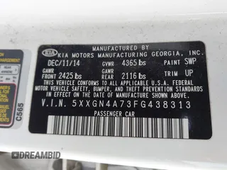 2015 Kia Optima EX with VIN 5XXGN4A73FG438313, listed as a IAAI auction lot 41699954 with 76,584 mi miles. Bid and sale history available at carsss.com. Image 9.