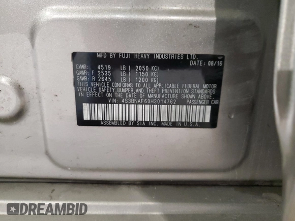 2017 Subaru Legacy Premium with VIN 4S3BNAF60H3014762, listed as a Copart auction lot 59987495 with 90,474 mi miles and Salvage title. Bid and sale history available at DreamBid. Image 12.