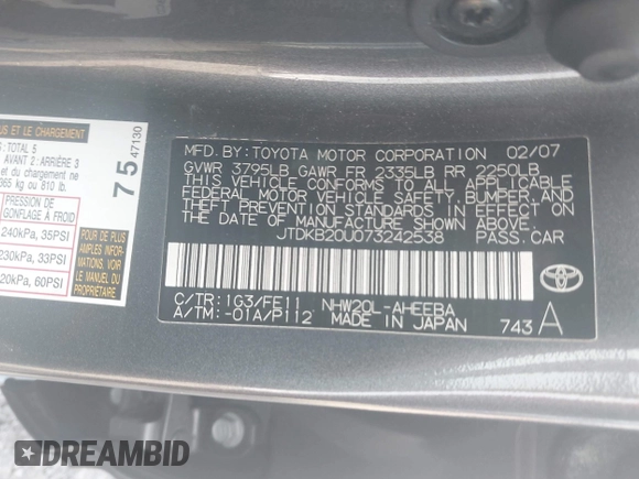 2007 Toyota Prius with VIN JTDKB20U073242538, listed as a IAAI auction lot 42482010 with 141,374 mi miles and . Bid and sale history available at DreamBid. Image 9.