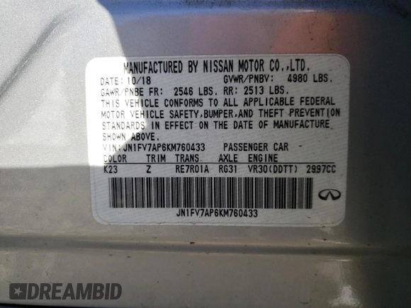 2019 Infiniti Q50 Red Sport 400 с VIN JN1FV7AP6KM760433, выставлен на аукционе Copart как лот 89014755 с пробегом 88 800 миль миль и Списание • Salvage title. История ставок и продаж доступна на DreamBid. Изображение 13.