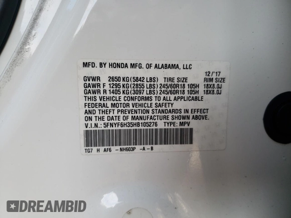 2017 Honda Pilot EX with VIN 5FNYF6H35HB105276, listed as a Copart auction lot 42633045 with 178,038 mi miles and Salvage Title. Bid and sale history available at DreamBid. Image 15.