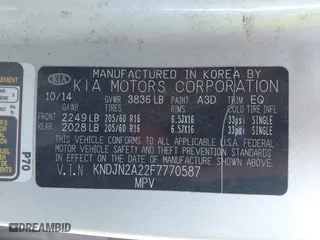 2015 Kia Soul with VIN KNDJN2A22F7770587, listed as a IAAI auction lot 42100497 with 114,933 mi miles. Bid and sale history available at carsss.com. Image 9.