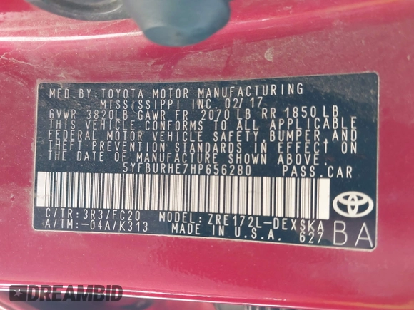 2017 Toyota Corolla L z VIN 5YFBURHE7HP656280, wystawiony jako IAAI lot #41988214 z przebiegiem 222 910 mil mil oraz . Historia ofert i sprzedaży dostępna na DreamBid. Obrazek 9.