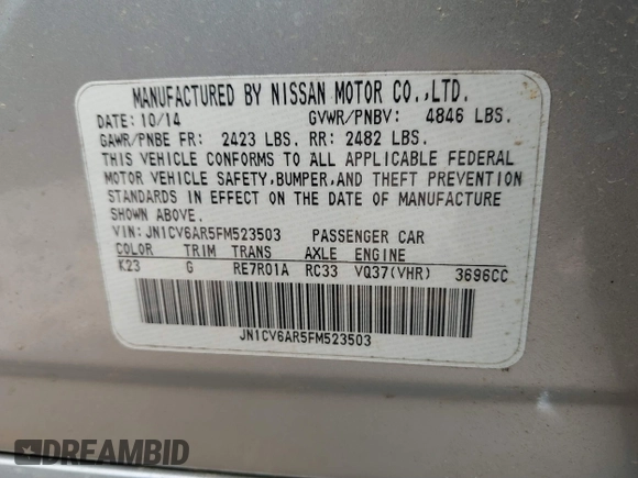 2015 Infiniti Q40 with VIN JN1CV6AR5FM523503, listed as a IAAI auction lot 40580885 with 103,705 mi miles and . Bid and sale history available at DreamBid. Image 9.