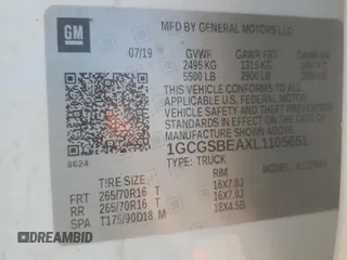 2020 Chevrolet Colorado 2WD Work Truck with VIN 1GCGSBEAXL1105651, listed as a Copart auction lot 53423005 with 171,475 mi miles and Salvage title. Bid and sale history available at DreamBid. Image 12.