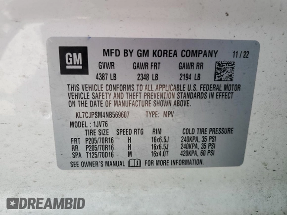 2022 Chevrolet Trax LT with VIN KL7CJPSM4NB569607, listed as a Copart auction lot 58746285 with 77,383 mi miles and Salvage title. Bid and sale history available at DreamBid. Image 12.