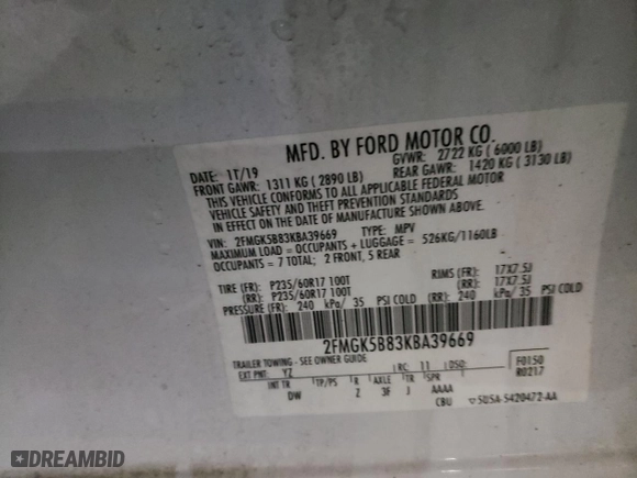 2019 Ford Flex SE with VIN 2FMGK5B83KBA39669, listed as a Copart auction lot 43089715 with 41,791 mi miles and Salvage Title. Bid and sale history available at carsss.com. Image 13.