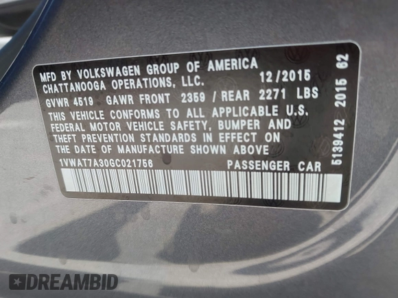 2016 Volkswagen Passat S with VIN 1VWAT7A30GC021756, listed as a IAAI auction lot 42676420 with 90,994 mi miles and . Bid and sale history available at DreamBid. Image 9.