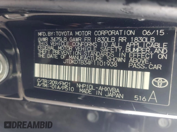 2015 Toyota Prius One with VIN JTDKDTB34F1101938, listed as a Copart auction lot 51295095 with 136,461 mi miles and Salvage Title. Bid and sale history available at carsss.com. Image 12.