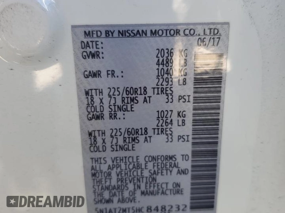 2017 Nissan Rogue S with VIN 5N1AT2MT5HC848232, listed as a Copart auction lot 52827485 with 76,005 mi miles and Salvage Title. Bid and sale history available at carsss.com. Image 13.