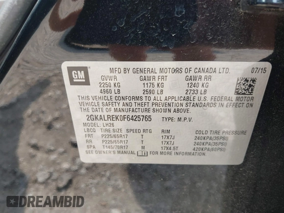 2015 GMC Terrain SLE z VIN 2GKALREK0F6425765, wystawiony jako IAAI lot #42593980 z przebiegiem 124 190 mil mil oraz . Historia ofert i sprzedaży dostępna na DreamBid. Obrazek 9.