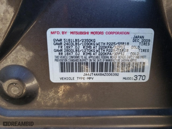 2010 Mitsubishi Outlander XLS with VIN JA4JT4AX8AZ006392, listed as a Copart auction lot 50663555 with 104,172 mi miles and Salvage Title. Bid and sale history available at carsss.com. Image 13.