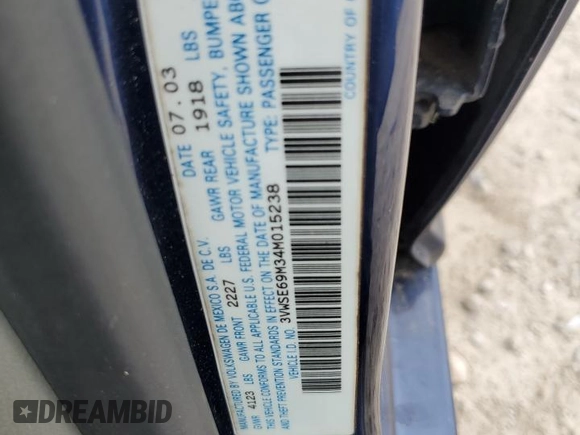 2004 Volkswagen Jetta GLS z VIN 3VWSE69M34M015238, wystawiony jako Copart lot #63109575 z przebiegiem Nie podano mil oraz Szkoda całkowita • Salvage title. Historia ofert i sprzedaży dostępna na DreamBid. Obrazek 13.