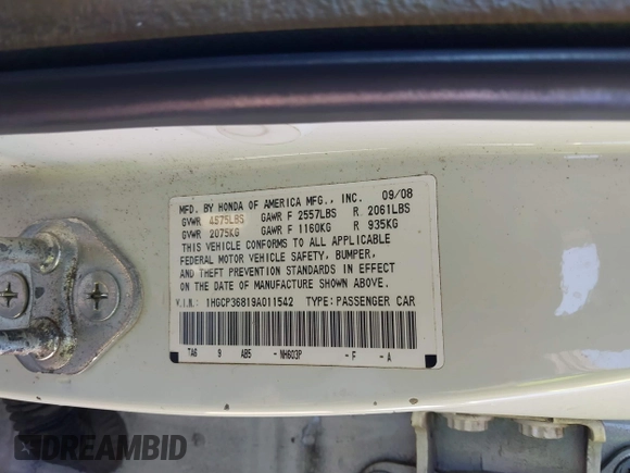 2009 Honda Accord EX-L with VIN 1HGCP36819A011542, listed as a IAAI auction lot 41764124 with 124,455 mi miles and . Bid and sale history available at DreamBid. Image 9.