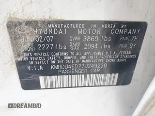 2007 Hyundai Elantra GLS z VIN KMHDU46D27U249230, wystawiony jako IAAI lot #42441363 z przebiegiem 161 689 mil mil oraz . Historia ofert i sprzedaży dostępna na DreamBid. Obrazek 9.