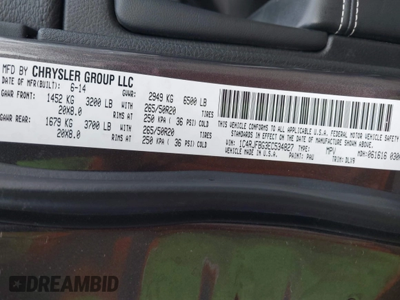 2014 Jeep Grand Cherokee Limited with VIN 1C4RJFBG3EC534827, listed as a IAAI auction lot 41907916 with 138,811 mi miles and . Bid and sale history available at DreamBid. Image 9.