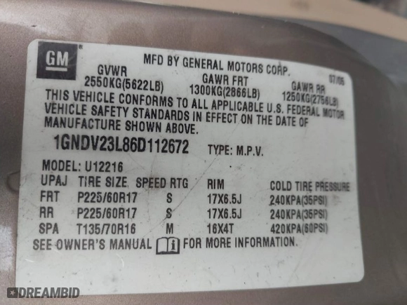 2006 Chevrolet Uplander LS Fleet with VIN 1GNDV23L86D112672, listed as a IAAI auction lot 41749527 with NaN miles. Bid and sale history available at carsss.com. Image 9.
