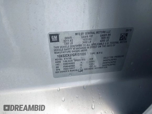 2016 GMC Yukon Denali with VIN 1GKS2CKJ7GR151020, listed as a IAAI auction lot 41539216 with 120,893 mi miles. Bid and sale history available at carsss.com. Image 9.