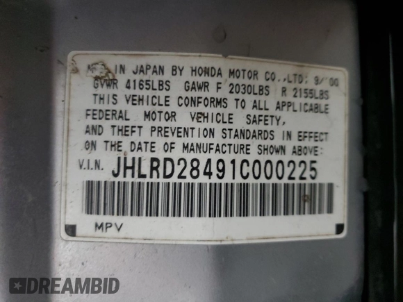 2001 Honda CR-V LX z VIN JHLRD28491C000225, wystawiony jako Copart lot #50099335 z przebiegiem 323 284 mil mil oraz Czysty tytuł • Clean title. Historia ofert i sprzedaży dostępna na DreamBid. Obrazek 13.