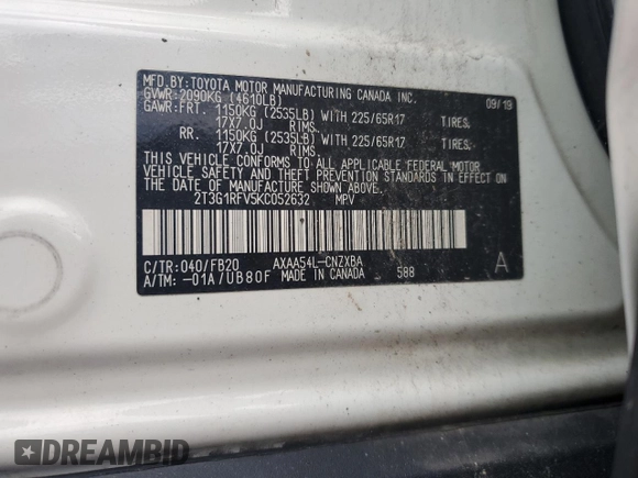 2019 Toyota RAV4 LE with VIN 2T3G1RFV5KC052632, listed as a Copart auction lot 63547905 with 138,090 mi miles and Clean title. Bid and sale history available at DreamBid. Image 13.