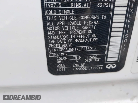 2020 Infiniti QX50 Autograph with VIN 3PCAJ5M1XLF115017, listed as a IAAI auction lot 41531655 with 40,824 mi miles and . Bid and sale history available at DreamBid. Image 9.