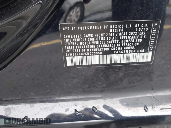 2019 Volkswagen Jetta SEL z VIN 3VWEB7BU2KM273950, wystawiony jako IAAI lot #42414034 z przebiegiem 84 100 mil mil oraz . Historia ofert i sprzedaży dostępna na DreamBid. Obrazek 9.