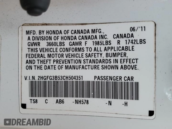 2012 Honda Civic Cpe LX with VIN 2HGFG3B53CH504351, listed as a Copart auction lot 72814614 with 230,903 mi miles and Salvage Title. Bid and sale history available at carsss.com. Image 12.