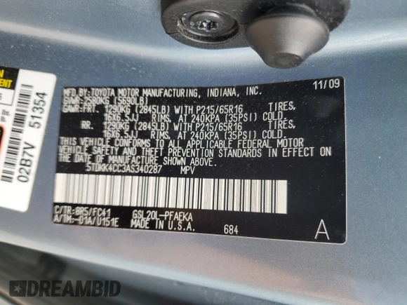 2010 Toyota Sienna CE with VIN 5TDKK4CC3AS340287, listed as a Copart auction lot 55134155 with 188,394 mi miles and Salvage Title. Bid and sale history available at DreamBid. Image 13.