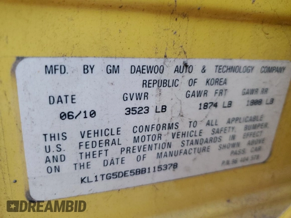 2011 Chevrolet Aveo 2LT with VIN KL1TG5DE5BB115378, listed as a Copart auction lot 82051914 with 125,748 mi miles and Salvage title. Bid and sale history available at DreamBid. Image 14.