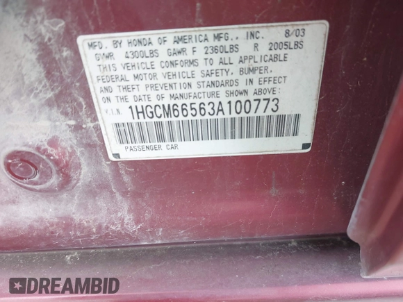 2003 Honda Accord EX with VIN 1HGCM66563A100773, listed as a IAAI auction lot 42516400 with 496,143 mi miles and . Bid and sale history available at DreamBid. Image 9.
