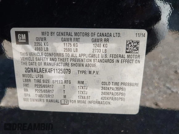 2015 Chevrolet Equinox LS with VIN 2GNALAEK4F1125079, listed as a IAAI auction lot 42146749 with 183,246 mi miles. Bid and sale history available at carsss.com. Image 9.
