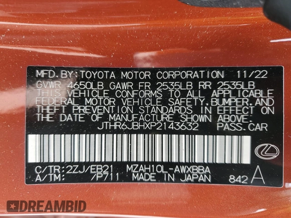2023 Lexus UX 250h F Sport with VIN JTHR6JBHXP2143632, listed as a Copart auction lot 86048654 with 29,481 mi miles and Salvage title. Bid and sale history available at DreamBid. Image 14.