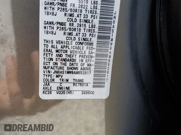 2010 Infiniti FX with VIN JN8AS1MW9AM852817, listed as a Copart auction lot 56326765 with Not provided miles and Salvage title. Bid and sale history available at DreamBid. Image 14.