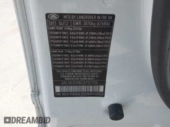 2012 Land Rover Range Rover Sport HSE Lux with VIN SALSK2D46CA753759, listed as a IAAI auction lot 42457787 with 167,204 mi miles and . Bid and sale history available at DreamBid. Image 9.