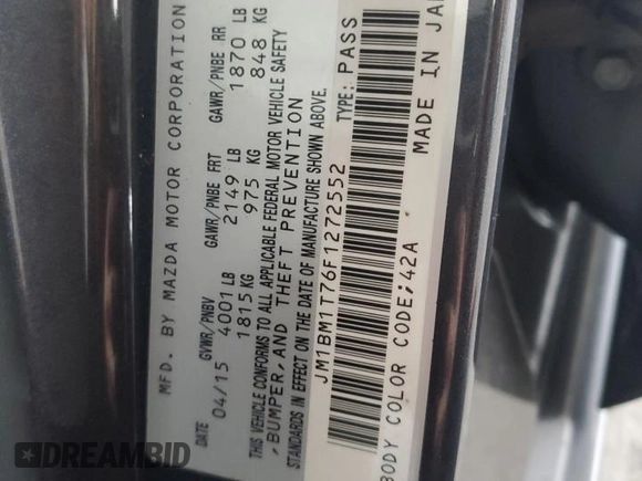 2015 Mazda 3 i SV with VIN JM1BM1T76F1272552, listed as a Copart auction lot 84096414 with 126,410 mi miles and Salvage Title. Bid and sale history available at DreamBid. Image 12.