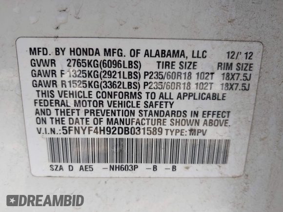 2013 Honda Pilot Touring with VIN 5FNYF4H92DB031589, listed as a IAAI auction lot 42159313 with 192,604 mi miles and . Bid and sale history available at carsss.com. Image 9.