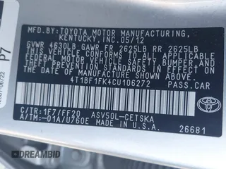 2012 Toyota Camry L with VIN 4T1BF1FK4CU106272, listed as a IAAI auction lot 41781966 with 229,243 mi miles. Bid and sale history available at carsss.com. Image 9.