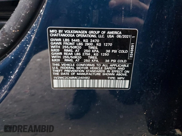 2021 Volkswagen Atlas SE с VIN 1V2WC2CA8MC240482, выставлен на аукционе Copart как лот 87168254 с пробегом Не указан миль и Списание • Salvage title. История ставок и продаж доступна на DreamBid. Изображение 14.