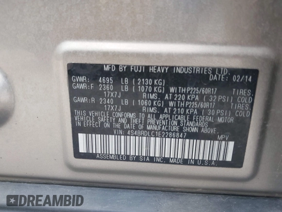 2014 Subaru Outback Limited with VIN 4S4BRDLC1E2286847, listed as a IAAI auction lot 42330164 with 135,244 mi miles and . Bid and sale history available at DreamBid. Image 9.