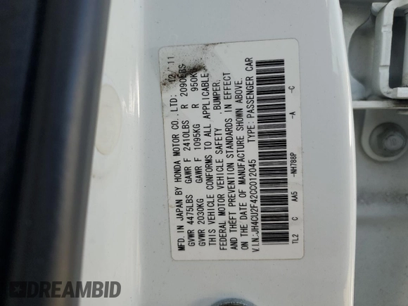 2012 Acura TSX with VIN JH4CU2F42CC012045, listed as a Copart auction lot 79687844 with 189,523 mi miles and Salvage Title. Bid and sale history available at carsss.com. Image 14.
