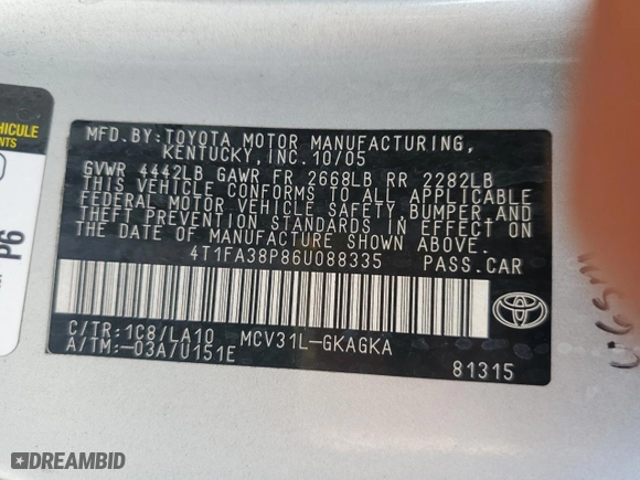 2006 Toyota Camry Solara SE V6 with VIN 4T1FA38P86U088335, listed as a Copart auction lot 51599675 with 166,328 mi miles and Salvage Title. Bid and sale history available at carsss.com. Image 12.