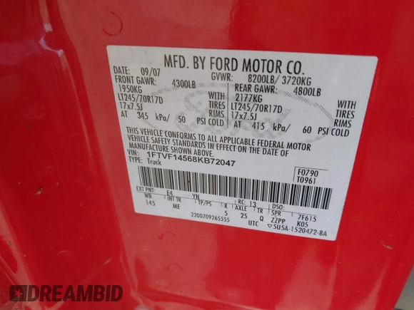 2008 Ford F-150 with VIN 1FTVF14568KB72047, listed as a IAAI auction lot 41842700 with 46,888 mi miles and . Bid and sale history available at DreamBid. Image 9.